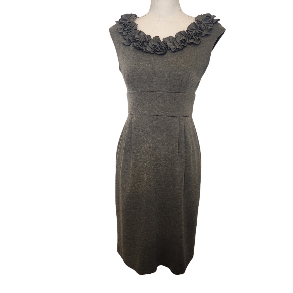 London Times Gray Midi Dress with Floral Neckline Sz: 8 Jersey material